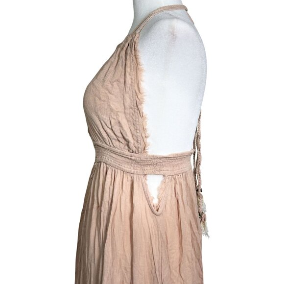 Free People Womens Dress M/L Light Pink Halter Maxi Tassel Tie Back Beachy Boho - Picture 4 of 9